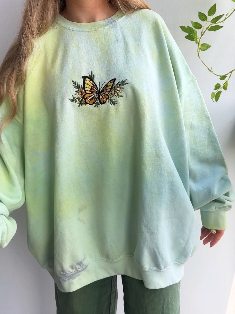 Butterfly Embroidered Mint Ombré Green Crewneck Sweatshirt